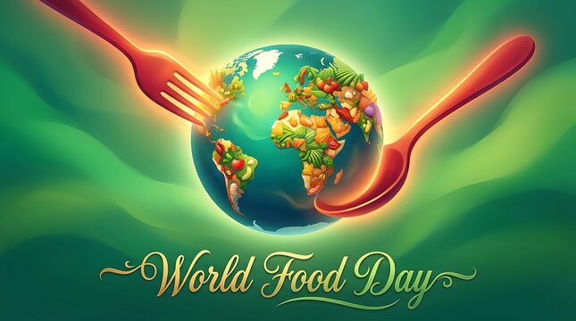 Conceptual illustration of planet earth surrounded by cutlery representing global unity and awareness for world food day