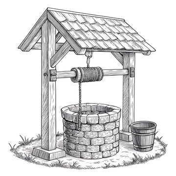 Old wooden well with bucket and pulley system