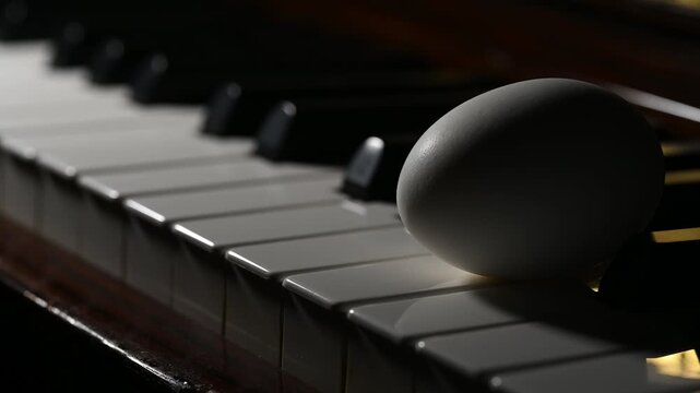 White Egg on Piano Keys with Changing Light and Shadows