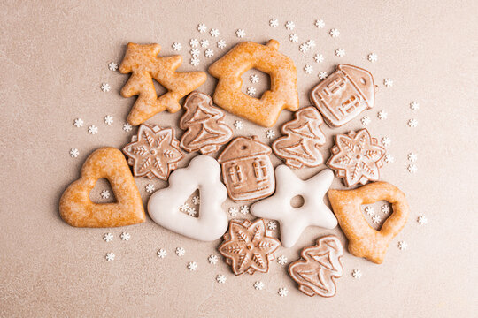 Christmas gingerbread cookies with festive winter decoration