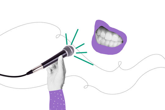 Sketch composite photo collage trend artwork of clubber leisure weekend occasion party mouth sing karaoke hand hold microphone performance