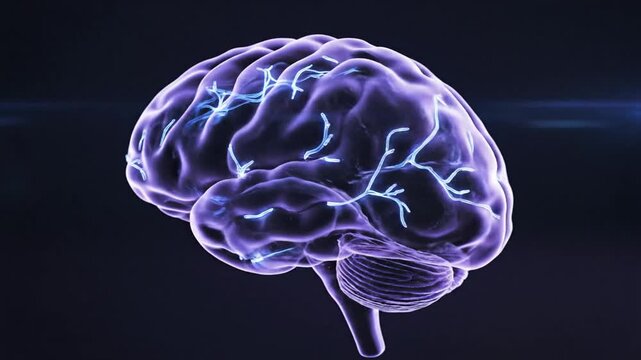 Purple glowing brain with blue neural pathways