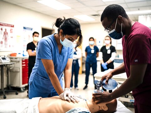 Healthcare workers performing CPR on a mannequin in a hospital setting