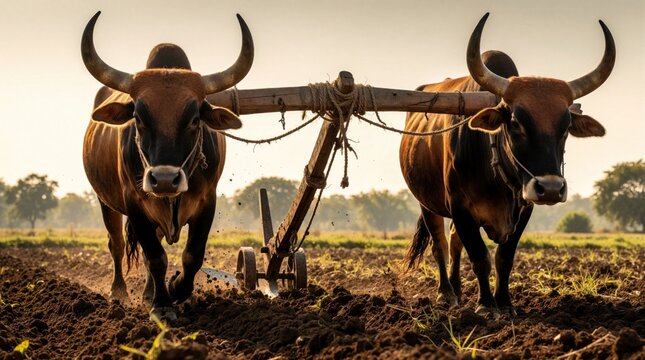 Two powerful oxen pull wooden plow through dark fertile soil on rural farm. Traditional agriculture method uses strong bulls for field cultivation in countryside. Hard working animals prepare land