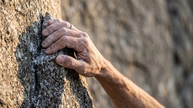 Close view of a rock climber hand firmly gripping a rough stone ledge GENERATED AI