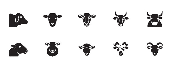 Obraz premium Black silhouette icons of cow bull sheep and ram head isolated on transparent background set design.