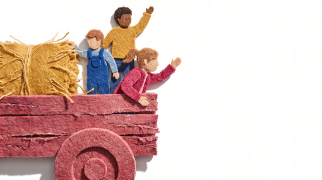 Children waving from a hayride cart with straw bales  