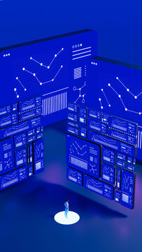Man Viewing Towering Statistical Data Screens