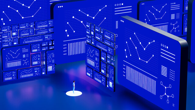 Man Consulting Large Digital Analytics Screens