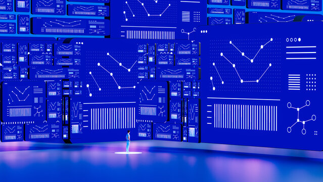 Man Facing Immersive Statistical Dashboard Wall