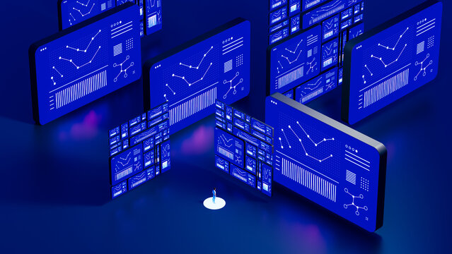 Lone Man Surrounded by Floating Data Dashboards