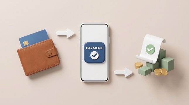 Digital wallet app interface shows mobile payment processing using leather card holder and stacked golden coins in 3d render style