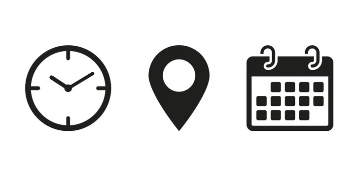 Time, address, and date icon vector in flat style. Clock, map location, and calendar sign symbol.