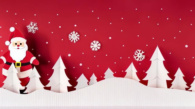 A cheerful holiday scene features white paper-cut Christmas trees and snowflakes on a red background. A glimpse of Santa adds to the festive spirit. This scene creates a warm and inviting feeling.