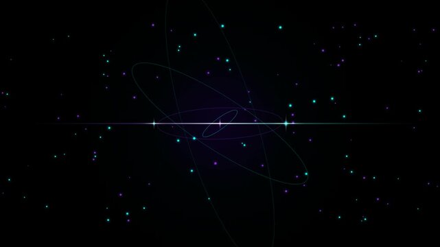 Futuristic atomic orbital rings rotating on a dark space background with glowing neon stars
