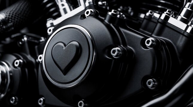 Close up on black motorcycle engine part. Heart symbol embossed on round metal cover. Shiny chrome bolts and details on black industrial machine.