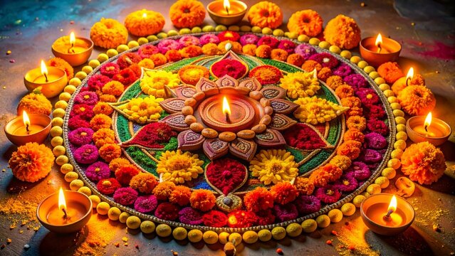 Vibrant traditional Indian rangoli decorated with colorful flowers, marigold blossoms and glowing diyas, creating a festive atmosphere for Diwali, Navratri and Hindu celebrations.