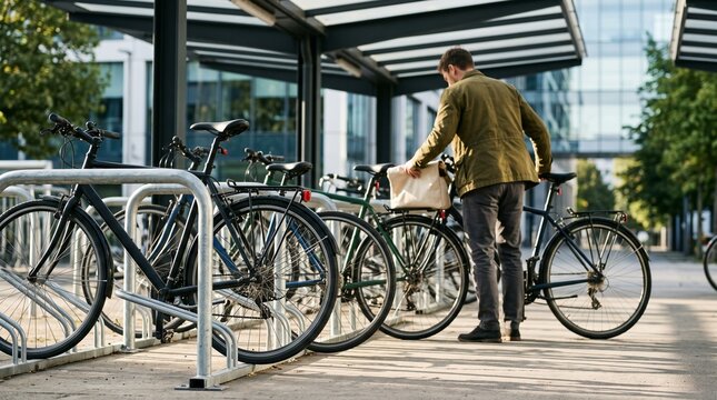 Parked bicycle wheels at a morning office hub