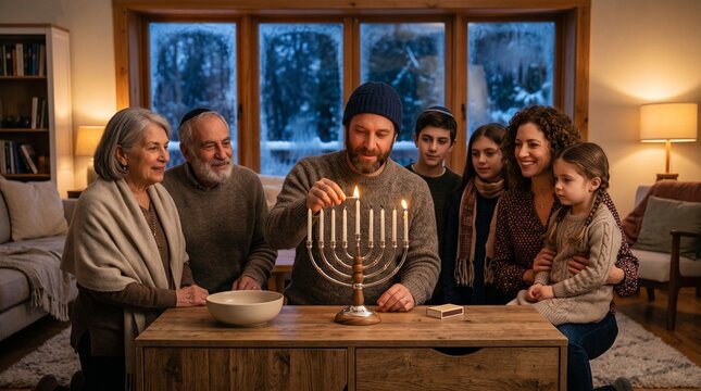 Family lights Hanukkah menorah by winter window