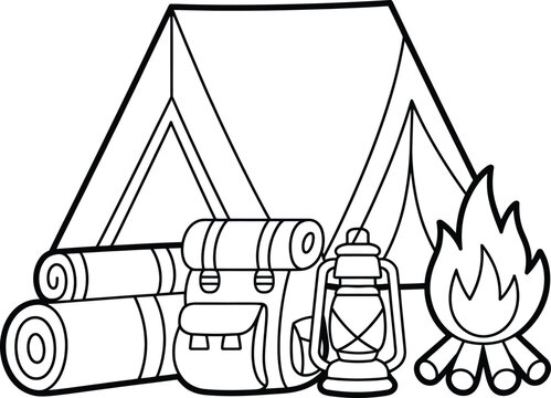 Black and white camping set with tent backpack lantern and campfire for kids coloring book page