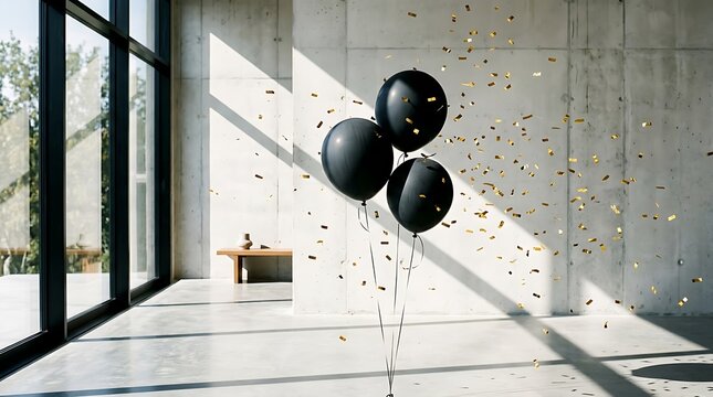 Three black helium balloons floating in a bright sunlit room with gold confetti floating confetti celebration minimalist interior sunlight