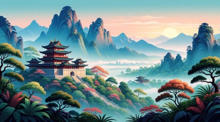Obraz premium Serene mountain landscape with traditional Chinese pagoda architecture. Misty valleys and pastel sunrise create a tranquil, spiritual atmosphere ideal for meditation or travel themes.