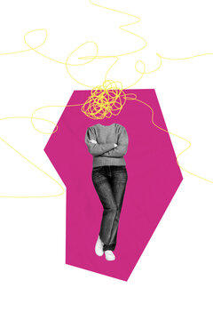 Composite trend artwork sketch collage of person headless young woman angry bad mood mind think stress psychology mess doodle head stand