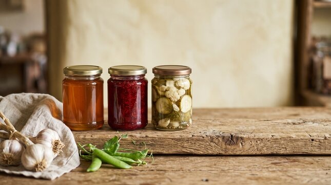 Plain pantry jars on a rustic farmstand shelf