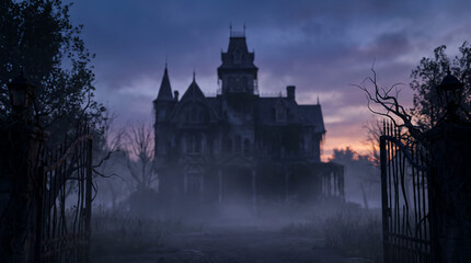 Obraz premium Spooky haunted house Victorian mansion at misty dusk twilight with wrought iron gates and copy space