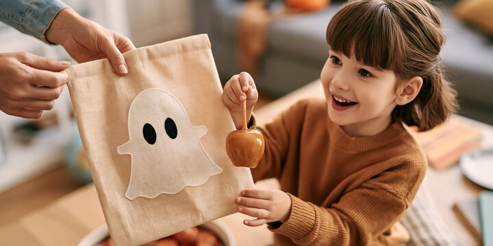 Young caucasian girl smiling and putting caramel apple into halloween treat bag