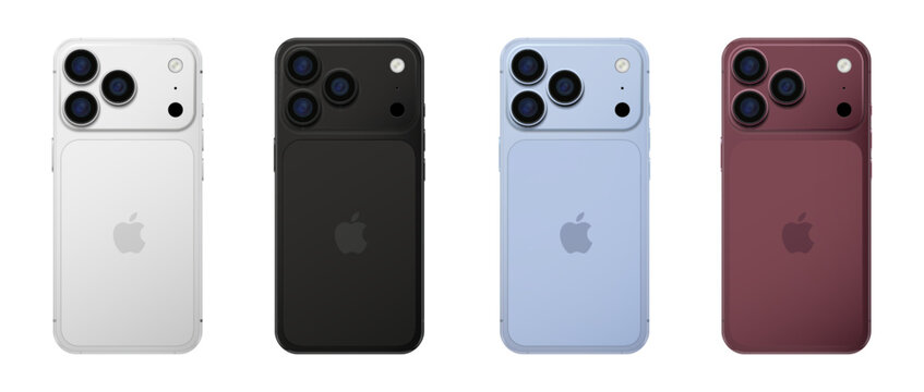 Kiev, Ukraine - September 9, 2026: New Apple iPhone 18 Pro Max in Silver, Black, Glacier and Burgundy colors. Smartphone 3D mockup back side phone