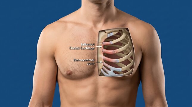 Anatomical illustration of male chest showing inflamed costal