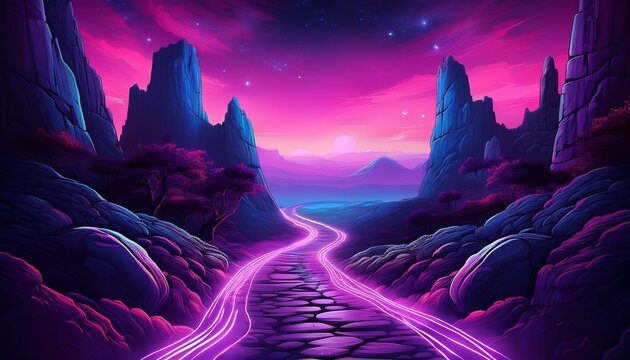 neon lit path winds through alien rocky landscape under purple sky