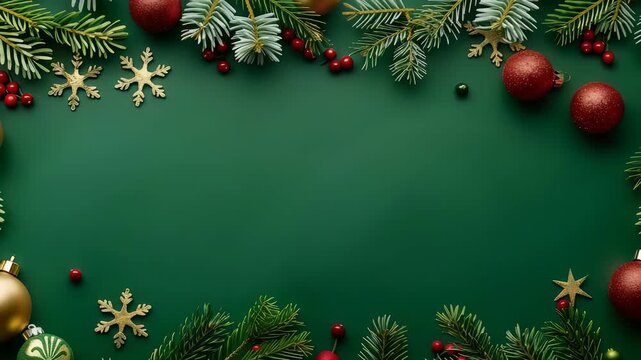 Festive flat lay arrangement of evergreen branches, golden snowflake ornaments, and red berries. The scene is set against a smooth green backdrop, creating a holiday atmosphere.