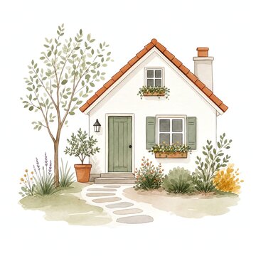 Cozy Watercolor Cottage House With Pitched Roof