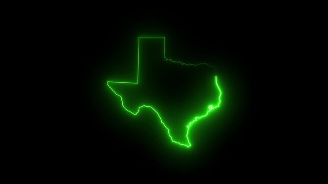 Neon green glowing texas state map outline animation on black background