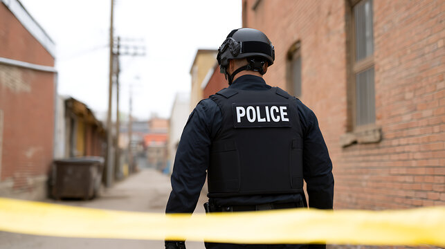Tactical law enforcement officer in protective body armor and helmet patrolling urban alleyway behind crime scene yellow caution tape today