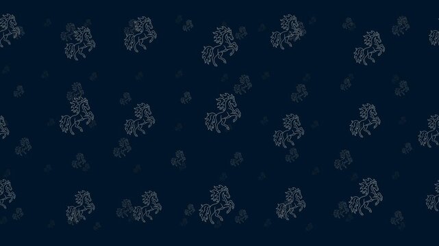 Fiery horse symbols float horizontally from left to right. Parallax fly effect. Floating symbols are located randomly. Seamless looped 4k animation on dark blue background