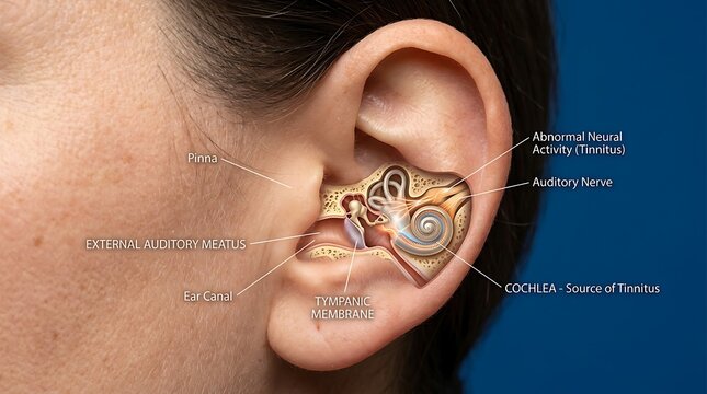 Anatomical Cutaway Illustration of Human Ear Structure and Tinnitus