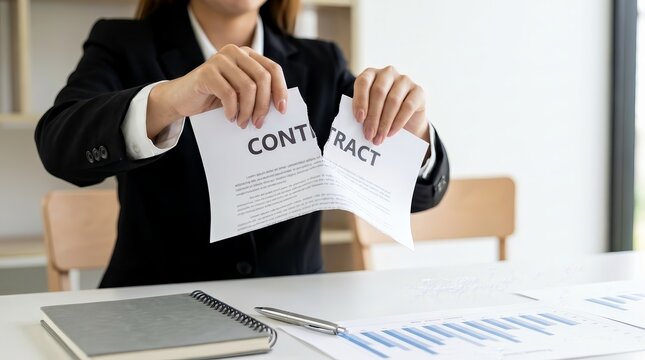 Young business woman tearing a contract at her office desk.