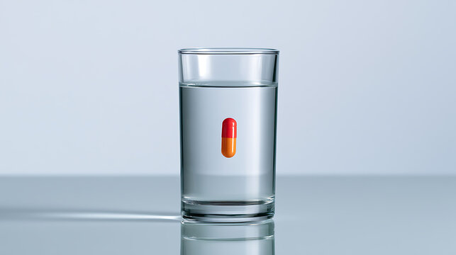 A single red and orange capsule pill suspended in a clear glass of fresh water against a clean light background for medical concepts