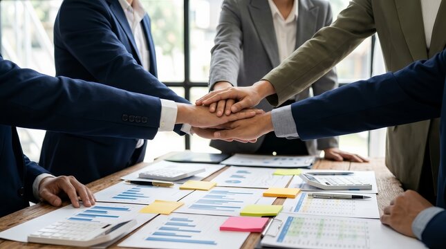 Business team standing with hands together to symbolize cooperation and success.