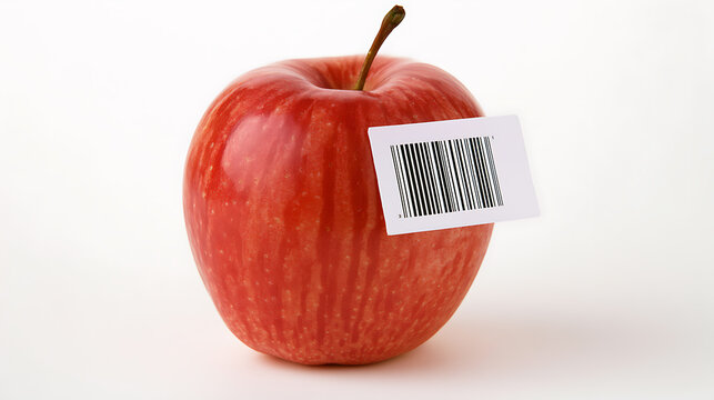 Fresh red apple malus domestica with barcode sticker on clean white background, studio shot concept of food market retail and pricing