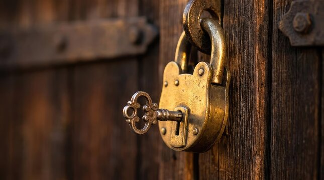 Antique brass padlock with skeleton key on rustic wooden door