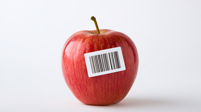 Fresh red apple Malus domestica with a price barcode sticker isolated on clean white background concept for commerce grocery and retail trade