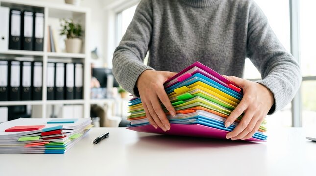 Close up of hands organizing stacks of paper files and folders on an office desk.