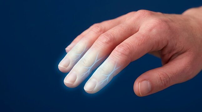 Conceptual 3D render of a human hand with glowing blue veins and pale