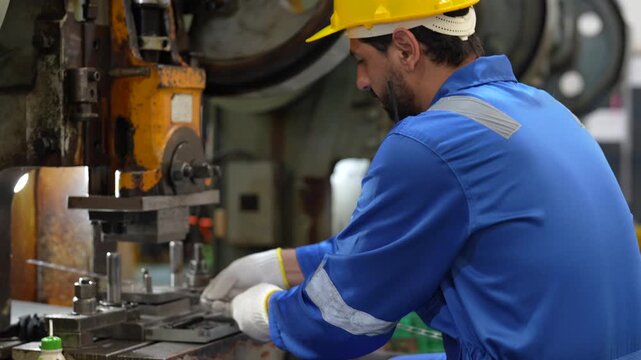 Industrial Worker Operating Metal Stamping Machine in Blue Uniform with Protective Glove and Safety Equipment at Manufacturing Workshop Factory, Focused on Metal Press Production and Workplace Safety