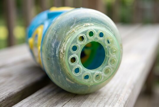 Close up of the plastic bubble blowing nozzle ring of an automatic bubble toy