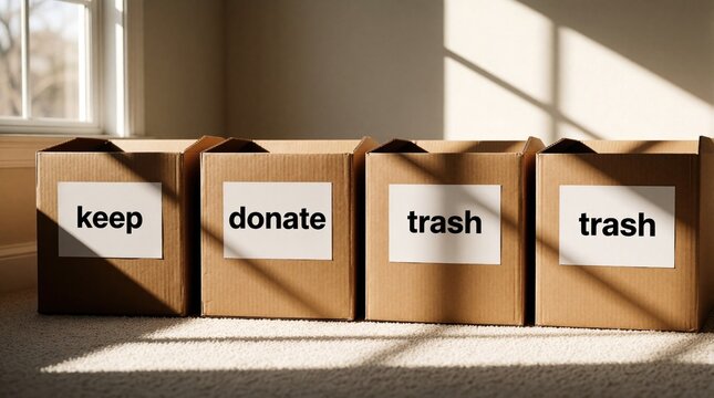 Cardboard boxes labeled keep donate rubbish line up on floor. Sorting items aids home organization project. Spring clean process manages waste and belongings.